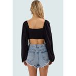 100% Viskoz Yazlık Crop Bluz Çok Çiçek Desenli Balon Kollu Fitted Özel Tasarım - Siyah - 36