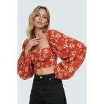 100% Viskoz Yazlık Crop Bluz Çok Çiçek Desenli Balon Kollu Fitted Özel Tasarım