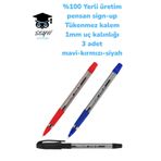 %100 Yerli üretim pensan sign-up Tükenmez kalem 1mm uç kalınlığı 3 adet mavi-kırmızı-siyah