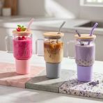 1000 Ml Cam Matara Kupa Bardak - Bambu Kapaklı - Silikon Kılıflı - Çelik Pipetli