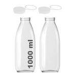 1000 ml Şeffaf Sürahi Süt, Ayran, Su, Limonata, Meşrubat Şişesi 1000 Cc Askılı Kapaklı Cam Şişe 2 Adet (2, Şeffaf Askılı Kapak, 1000)
