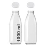 1000 ml Şeffaf Sürahi Süt, Ayran, Su, Limonata, Meşrubat Şişesi 1000 Cc Yırtmalı Kapaklı Cam Şişe 2 Adet (2, Beyaz Kilitli Kapak, 1000)