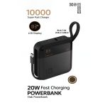 10000mAh Dijital Göstergeli Type-C Kablolu/Girişli 20W Hızlı Şarjlı Powerbank - Siyah