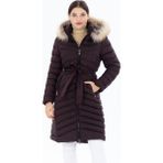 1001 Mont Kadın Bordo Uzun Çıkarılabilir Kürk Kapüşonlu Dolgulu Bel Kemerli Su Itici Şişme Mont 8529 - XL