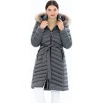 1001 Mont Kadın Gri Uzun Çıkarılabilir Kürk Kapüşonlu Dolgulu Bel Kemerli Su Itici Şişme Mont 8529 - 2XL