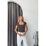 1004 Kadın Pamuklu Kare Yaka Puantiyeli Yan Büzgü Detaylı Crop T-Shirt Bluz Kahverengi