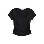 1006 Kadın Pamuklu Kare Yaka Yan Büzgü Detaylı Basic Crop T-Shirt Bluz Siyah