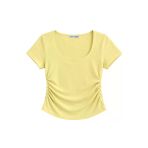 1006 Kadın Pamuklu Kare Yaka Yan Büzgü Detaylı Basic Crop T-Shirt Bluz Tereyağı Sarısı