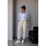 1019 Kadın %100 Pamuk Gabardin Lastikli Bel Havuç Kesim Pantolon Bej