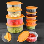 10'lu Yuvarlak Gıda Saklama Kabı Seti Organizer Düzenleyici Erzak Kabı 6X250 2X600 2X1200ML Turuncu