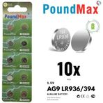 10x AG9 (LR45, LR936, 394) 1.5V - Poundmax alkalin düğme piller | 1x 10'lu paket