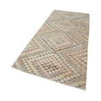 116x270 cm Kareli Kilim Bej Kareli Yün El Dokuma Modern Geometrik Etnik Eskitme Desenli Boho Oturma Odası Salon Yolluk Koridor Mutfak Halısı