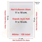 11X10+5 Cm. (11X15) 100 Adet - Şeffaf Bantlı Yapışkanlı Opp Jelatin Poşet