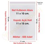11X10+5 Cm. (11X15) 500 Adet - Şeffaf Bantlı Yapışkanlı Opp Jelatin Poşet