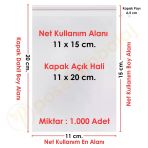 11X15+5 Cm. (11X20) 1.000 Adet - Şeffaf Bantlı Yapışkanlı Opp Jelatin Poşet