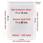 11X15+5 Cm. (11X20) 100 Adet - Şeffaf Bantlı Yapışkanlı Opp Jelatin Poşet