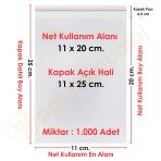11X20+5 Cm. (11X25) 1.000 Adet Şeffaf Bantlı Yapışkanlı Jelatin Poşet