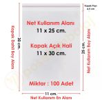 11X25+5 Cm. (11X30) 100 Adet - Şeffaf Bantlı Yapışkanlı Opp Jelatin Poşet