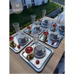 12 Li Lüx Kare Çelik Gümüş Renk 21X21CM Kahve Servis Sunum Tepsisi Tabağı
