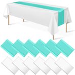 12 Paket 12x108 İnç Saten Masa Örtüsü ve 140 x 450 cm Plastik Masa Örtüsü Seti Beyaz ve Deniz Mavisi Tek Kullanımlık Dikdörtgen Masa Örtüsü Mezuniyet Düğün Gelin Duş Yıldönümü Doğum Günü Partisi