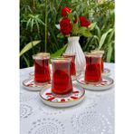 12 Parça Kırmızı Çiçek Desenli Seramik Çay Takımı - 130 ml - 08 Kırmızı