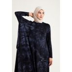 1220_Kadın Asimetrik Kesim Batik Desenli Plistre Tesettür Tunik - Lacivert - Koyu Lacivert - XS