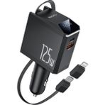 125W Araç Içi Şarj Aleti Type C To Lightning USB Otg Adaptör Çakmaklık Uzayabilen Dahili Kablolu Kit - Siyah