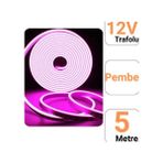 12V 5 Neon LED Şerit Işık | Prize Tak Çalıştır | Anahtarlı Fişli 1.5m Kablo | Esnek Silikonlu LED - Pembe