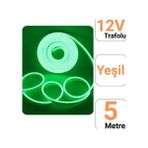 12V 5 Neon LED Şerit Işık | Prize Tak Çalıştır | Anahtarlı Fişli 1.5m Kablo | Esnek Silikonlu LED - Yeşil