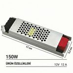 12V Ultra Slim Sessiz Şerit LED Trafosu - Cata Metal Kasa İnce Tasarım Klemensli Adaptör (5A / 12.5A / 17A / 21A / 30A Seçenekleri), IP20 İç Mekan (12,5 Amper)