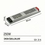 12V Ultra Slim Sessiz Şerit LED Trafosu - Cata Metal Kasa İnce Tasarım Klemensli Adaptör (5A / 12.5A / 17A / 21A / 30A Seçenekleri), IP20 İç Mekan (21 Amper)