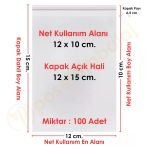 12X10+5 Cm. (12X15) 100 Adet - Şeffaf Bantlı Yapışkanlı Opp Jelatin Poşet