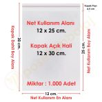 12X25+5 Cm. (12X30) 1.000 Adet Şeffaf Bantlı Yapışkanlı Jelatin Poşet