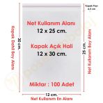 12X25+5 Cm. (12X30) 100 Adet - Şeffaf Bantlı Yapışkanlı Opp Jelatin Poşet