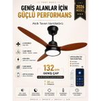 132 cm Akıllı Tavan Vantilatörü – Kumandalı & App Kontrollü – 6 Kademeli Sessiz LED Tavan Fanı – 3 Işık Modlu – Yaz/Kış Modu (Siyah - Kiraz)
