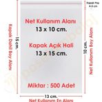 13x10+5 cm.(13x15) 500 Adet Şeffaf Bantlı Yapışkanlı OPP Poşet