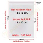 13X15+5 Cm. (13X20) 100 Adet - Şeffaf Bantlı Yapışkanlı Opp Jelatin Poşet