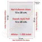 13X20+5 Cm. (13X25) 1.000 Adet Şeffaf Bantlı Yapışkanlı Jelatin Poşet