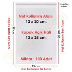 13X20+5 Cm. (13X25) 100 Adet - Şeffaf Bantlı Yapışkanlı Opp Jelatin Poşet