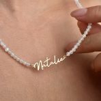 14 Ayar Altın Kaplama Kişiye Özel İsim Yazılı Moonstone (Aytaşı) Doğal Taş Gümüş Kolye - NGS00113