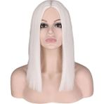14 Inç Kısa Düz Peruk Sentetik Peruk Kadınlar Içın Cosplay Bob Beyaz Sarışın Doğal Orta Kısmı Isıya Dayanıklı Saç