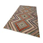 148x302 cm Kareli Kilim Bej Kareli Yün El Dokuma Modern Geometrik Etnik Eskitme Desenli Boho Oturma Odası Salon Yolluk Koridor Mutfak Halısı