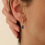 14K Altın Kaplama Damla Kesim Safir Taşlı Sallantılı Halka Gümüş Küpe - Es00116