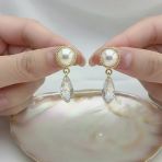 14K Altın Kaplama Kristal Taşlı İnci Küpe