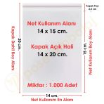 14X15+5 Cm. (14X20) 1.000 Adet - Şeffaf Bantlı Yapışkanlı Opp Jelatin Poşet
