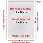14x20+5 cm.(14x25) 50 Adet Şeffaf Bantlı Yapışkanlı OPP Poşet
