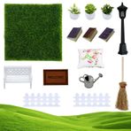 15 adet minyatür bahçe aksesuarı, mobilya dekorasyonu, oyuncak bebek evi aksesuarı, çim, saksı bitkileri, sulama kabı, korkuluk, süpürge, sandalye, yastık, kitap, halı, sokak lambası, cüce halı seti