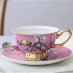 15 Lüks Kemik Çini Kahve Fincan Tabağı Kaşık Ingiliz Porselen Çay Tumbler Boyalı Çiçek Kuş Seramik Cafe Kupa Drinkware Hediye (Yurt Dışından) - 1 Adet - Renkli - 1 lt
