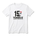 15 Temmuz Demokrasi ve Milli Birlik Günü Unisex Tişört,%100 Pamuk, Bisiklet Yaka, Türk Bayrak Baskılı, Beyaz (Siyah Yazı, XL)