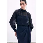 1553 Sateen Taş İşlemeli Şifon Bluz